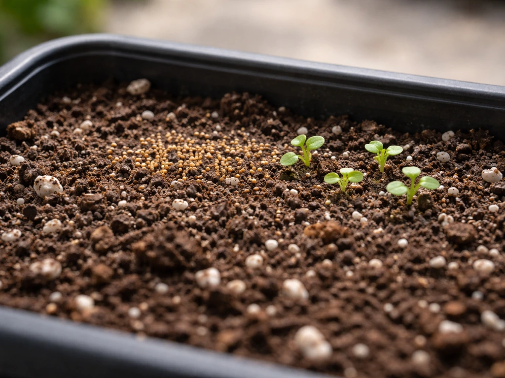 Small alyssum seeds and early seedlings in a shallow pot, top-lighting shows the sprouting stage.