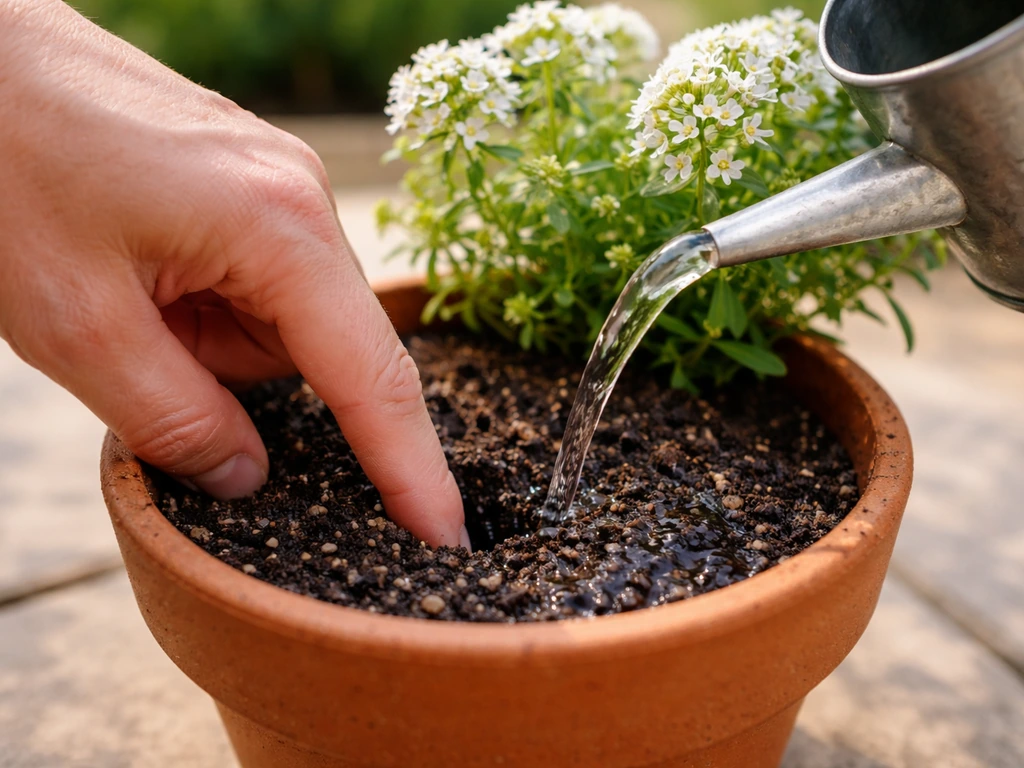 Hand presses finger into moist potting soil, then gentle watering can pour keeps alyssum soil evenly moist.