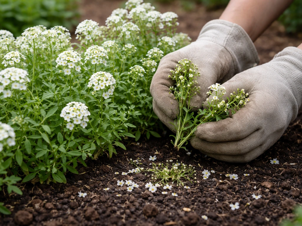 Close-up of trimmed alyssum stems with spent blooms removed, fresh growth in a small garden bed