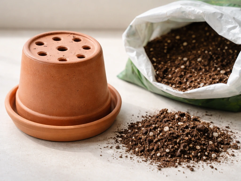 Small terracotta pot on a tray with visible drainage holes and dry potting mix ready for planting.