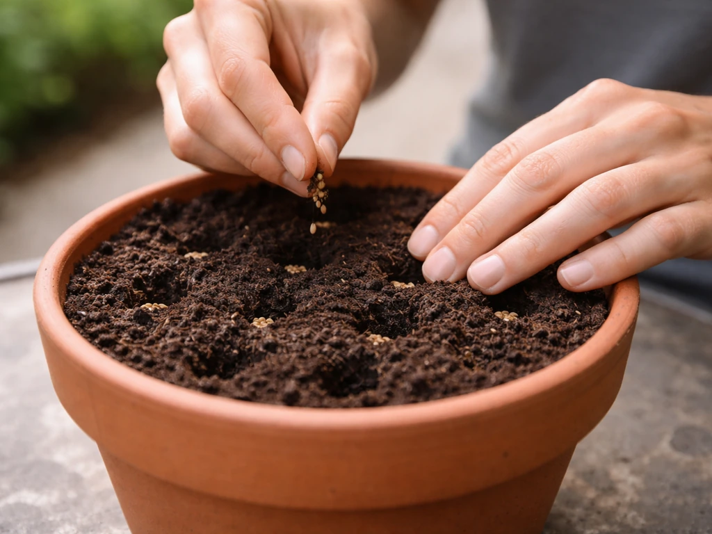 Close-up of hands sowing fennel seeds directly into a container with spaced holes and covered soil.