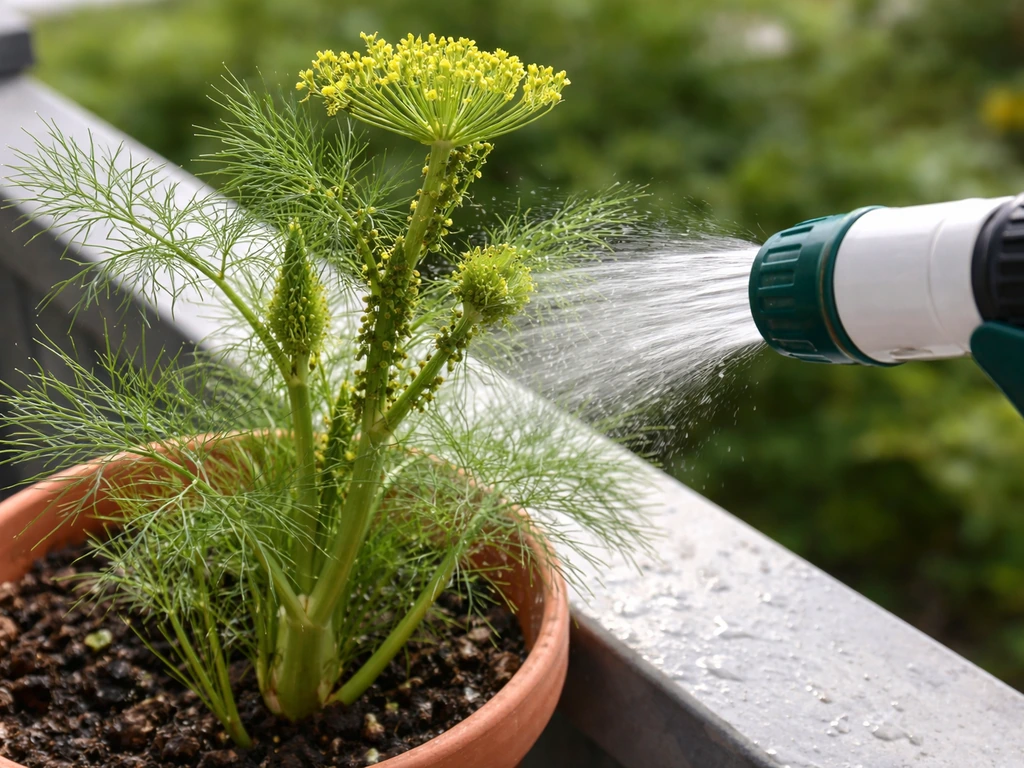 Potted fennel with small aphids clustered on new growth, with water sprayer aimed to rinse them off