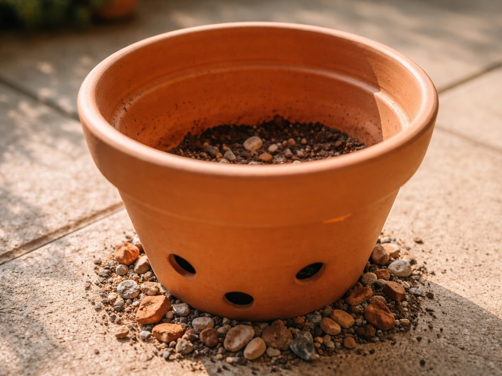 Terracotta pot with drainage holes being set on patio with gravel drainage layer beneath compost.
