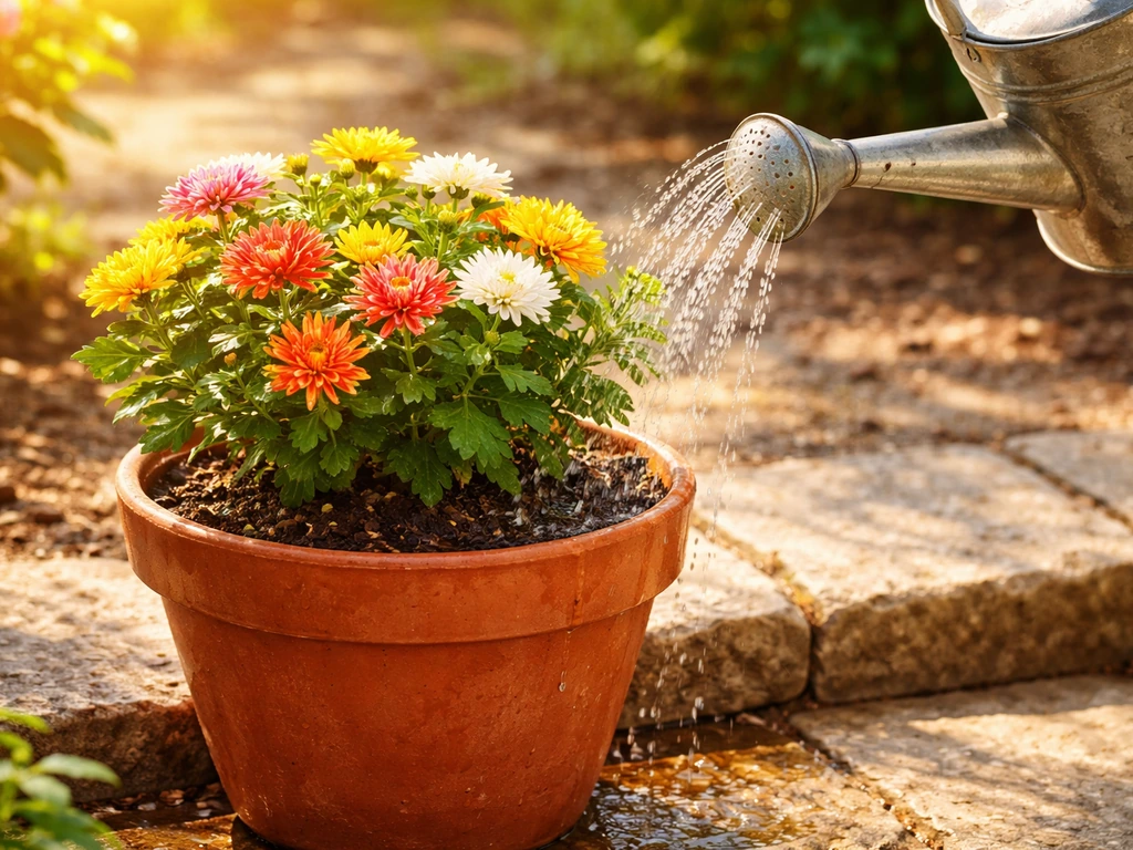 Terracotta chrysanthemum pot in full sun while a watering can pours water onto the compost.