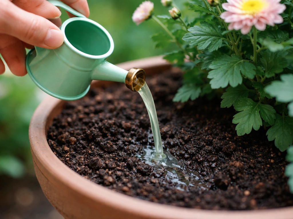 Hands pour feeding liquid into a pot of container chrysanthemums on moist compost.