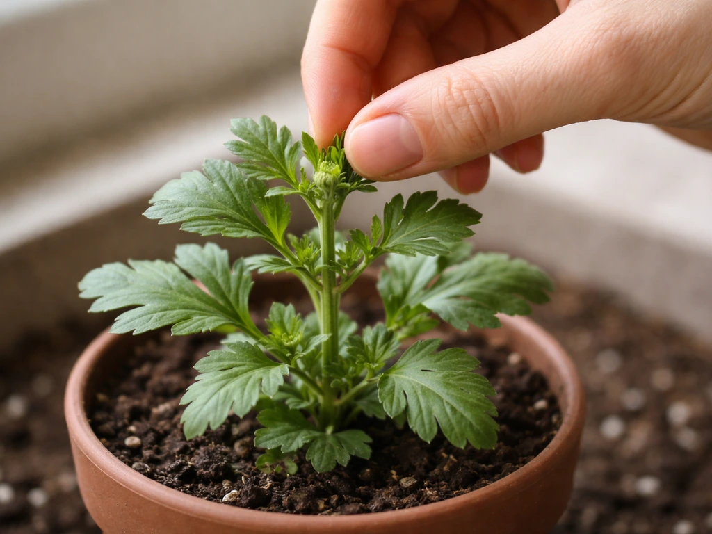 Close-up of fingers pinching the tips of a young potted chrysanthemum to encourage bushy growth.