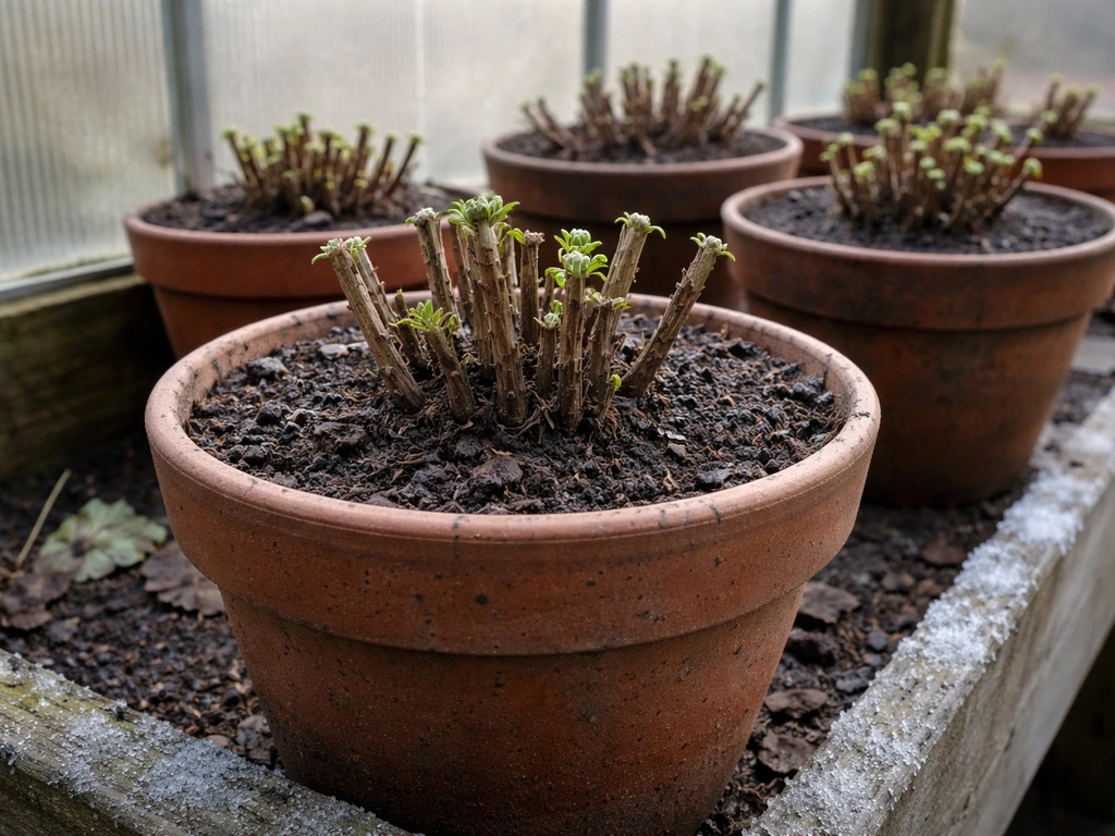 Pruned potted chrysanthemums with short 20 cm stems in a sheltered cool greenhouse during winter
