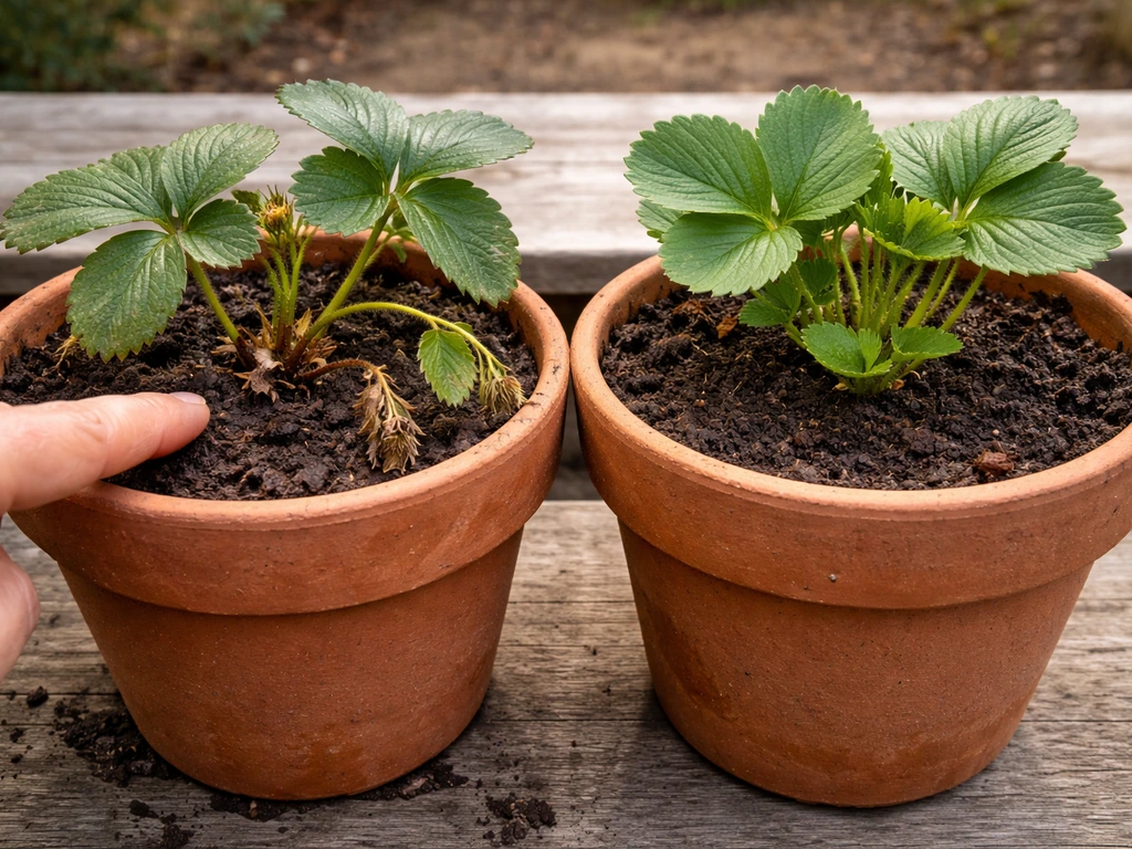 Healthy vs waterlogged pot showing crown rot damage