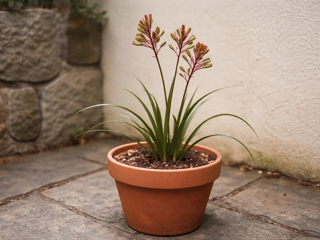 A kangaroo paw plant growing in a terracotta pot on a patio.
