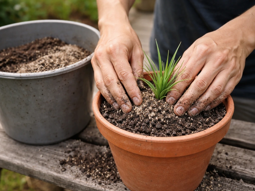 Hands mixing sandy potting mix and planting a kangaroo paw in a container, crown covered correctly