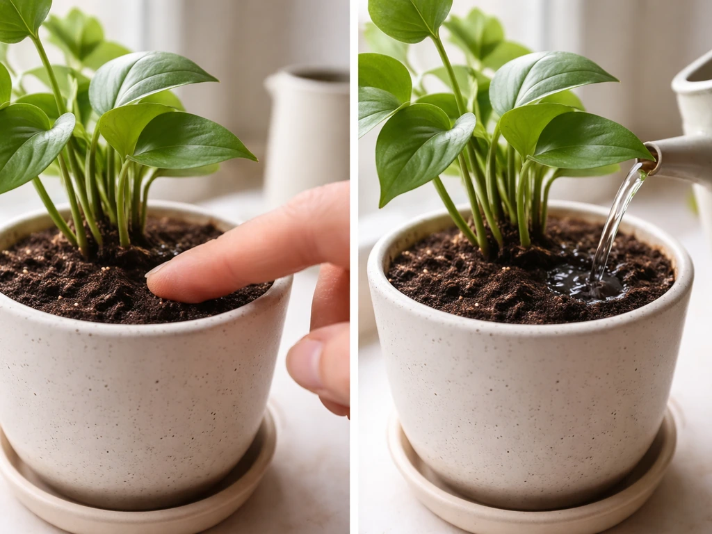 Close-up of a hand checking soil moisture and carefully watering a potted plant to prevent waterlogging.