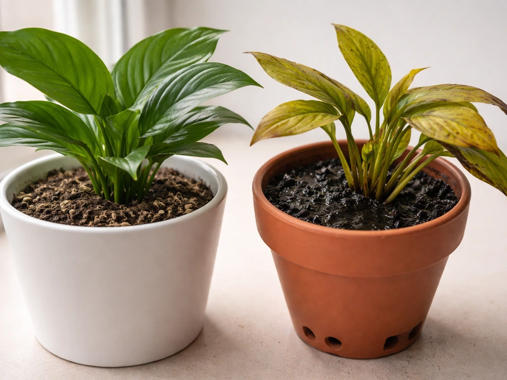 Side-by-side potted plants: one healthy green, one with yellow/black leaves and wet soil with visible drainage holes.