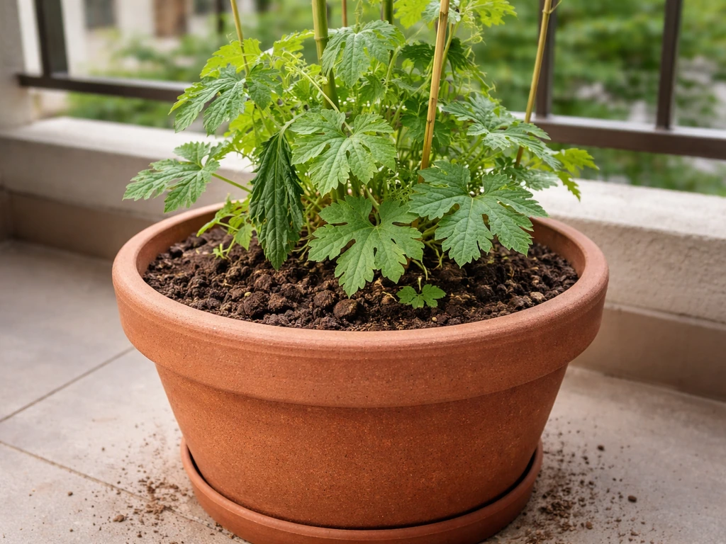 Karela vine in a deep, correctly sized terracotta pot, climbing upward with healthy leaves.