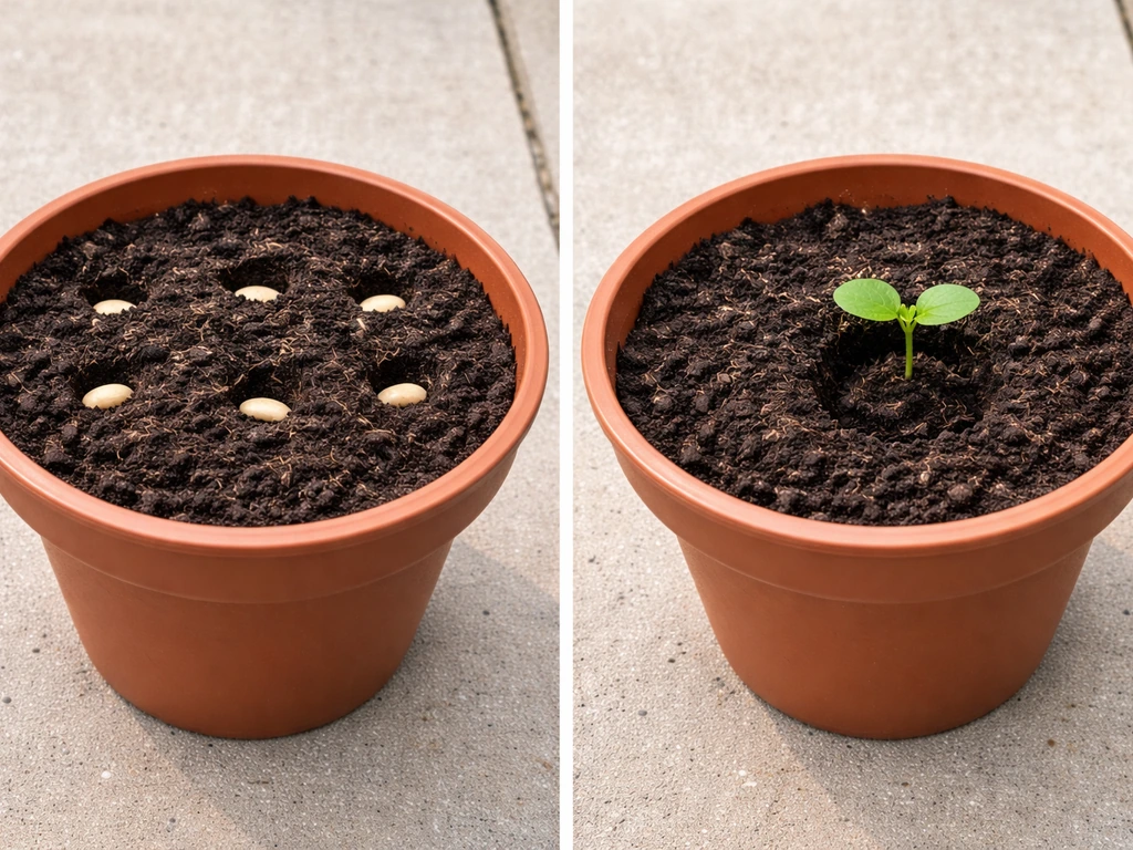 Split photo showing two small pots: one with spaced karela seeds, one with a transplanted seedling in soil.