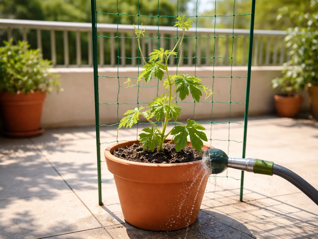 Clay pot with a young karela vine climbing a balcony trellis in bright full sun, with fresh watering nearby.