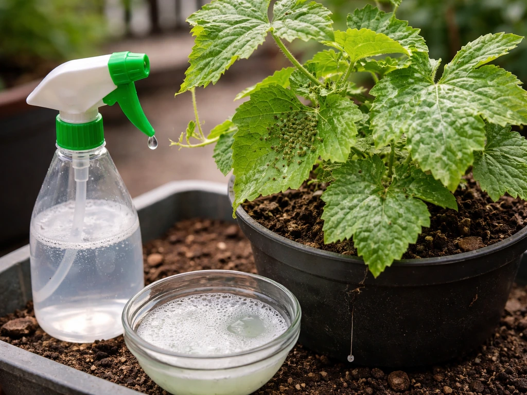 Close-up of container-grown karela leaves with visible aphids and powdery mildew spots; natural soap-spray bottle nearby