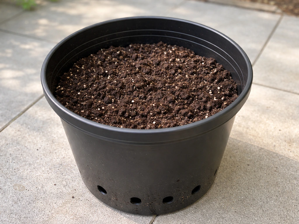 Close-up of a 5-gallon container with drainage holes and potting mix layer ready for planting