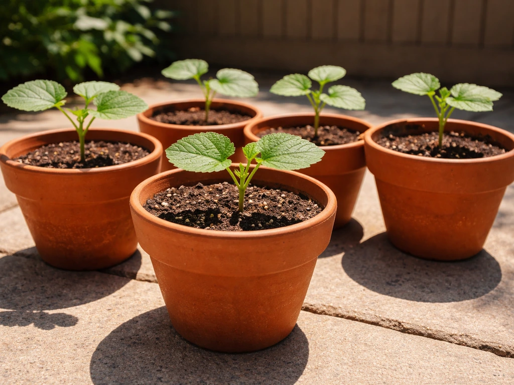 Small okra plants in terracotta pots placed on a sunny patio near a garden edge