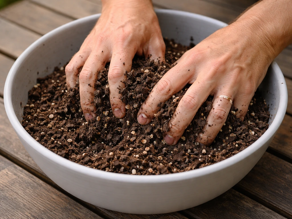 Hands mixing light potting soil with compost in a bowl on a wooden table, ready for planting.