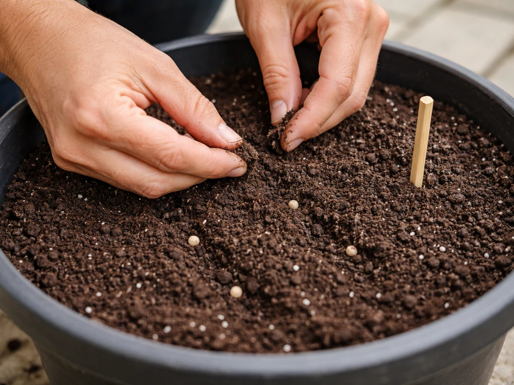 Hands sowing okra seeds in a small pot, covering them about 3/4 inch deep with visible spacing