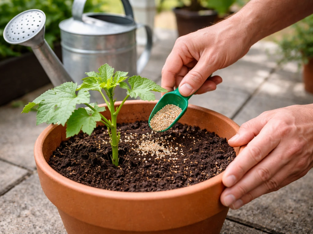 Hands applying measured balanced fertilizer to soil around a young container okra plant in a pot.