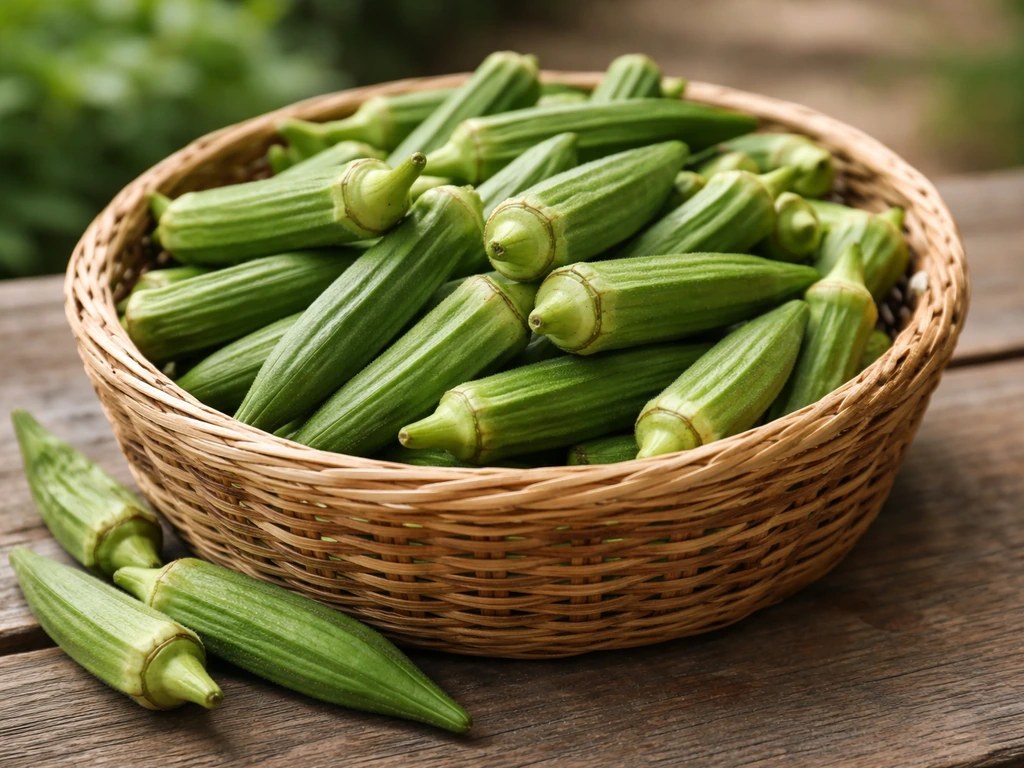 Tender 2–4 inch okra pods in a woven harvest basket on a wooden table.