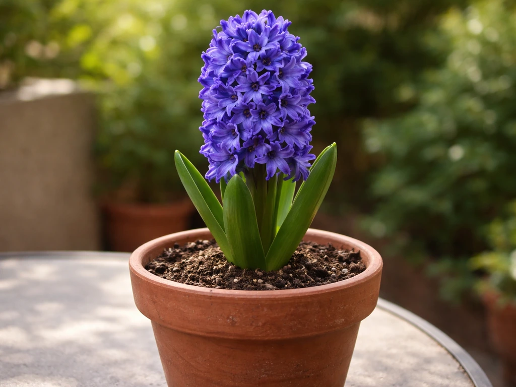 A tall in-bloom hyacinth flower spike in a terracotta pot, showing rich blossoms and pot context