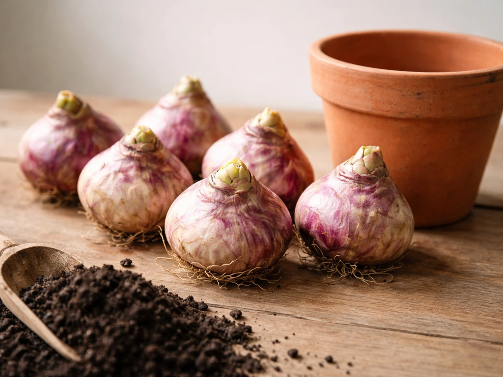 Firm top-size hyacinth bulbs beside a properly sized pot with fresh potting mix ready for planting.