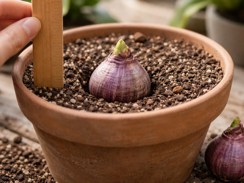Close-up of a hyacinth bulb set in draining potting mix with a ruler indicating 10 cm depth.