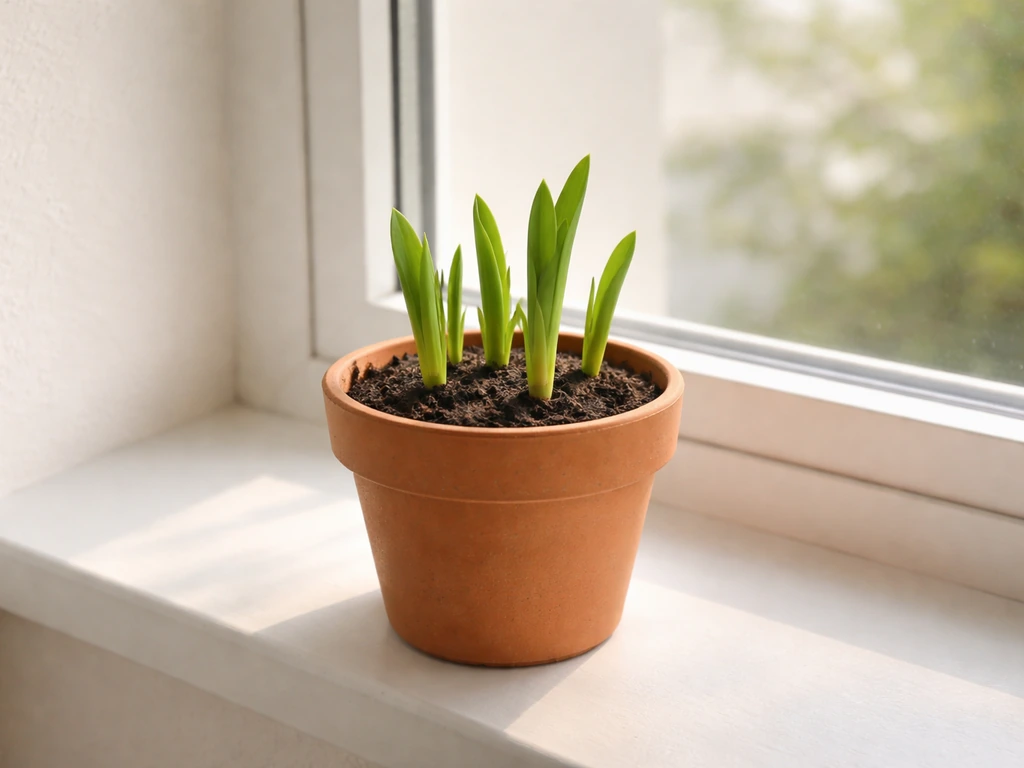 Potted green shoots on a windowsill with soft daylight and evenly moist soil