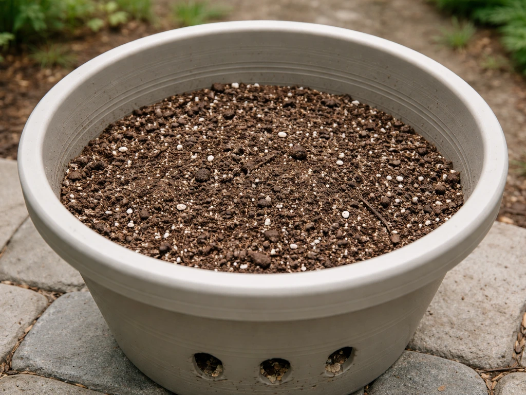 Large container with drainage holes and airy potting mix ready for planting fluxweed in a quiet outdoor setting.