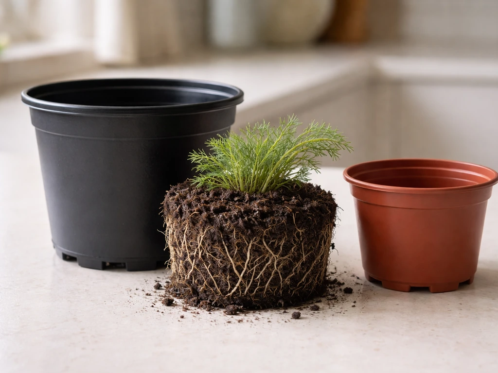 Fluxweed root ball compared with two pots—one correctly larger and one too small—on a counter.