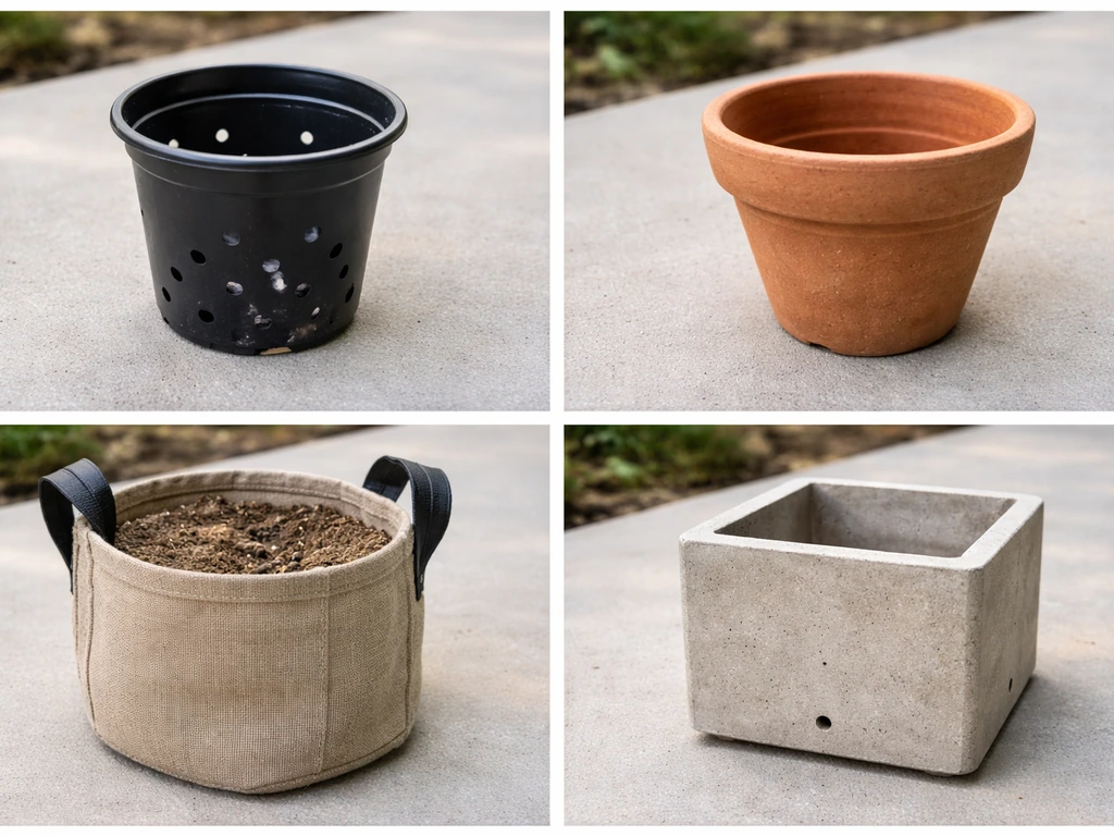 Four plant containers—plastic pot, terracotta pot, fabric grow bag, and concrete planter—showing drainage and texture.