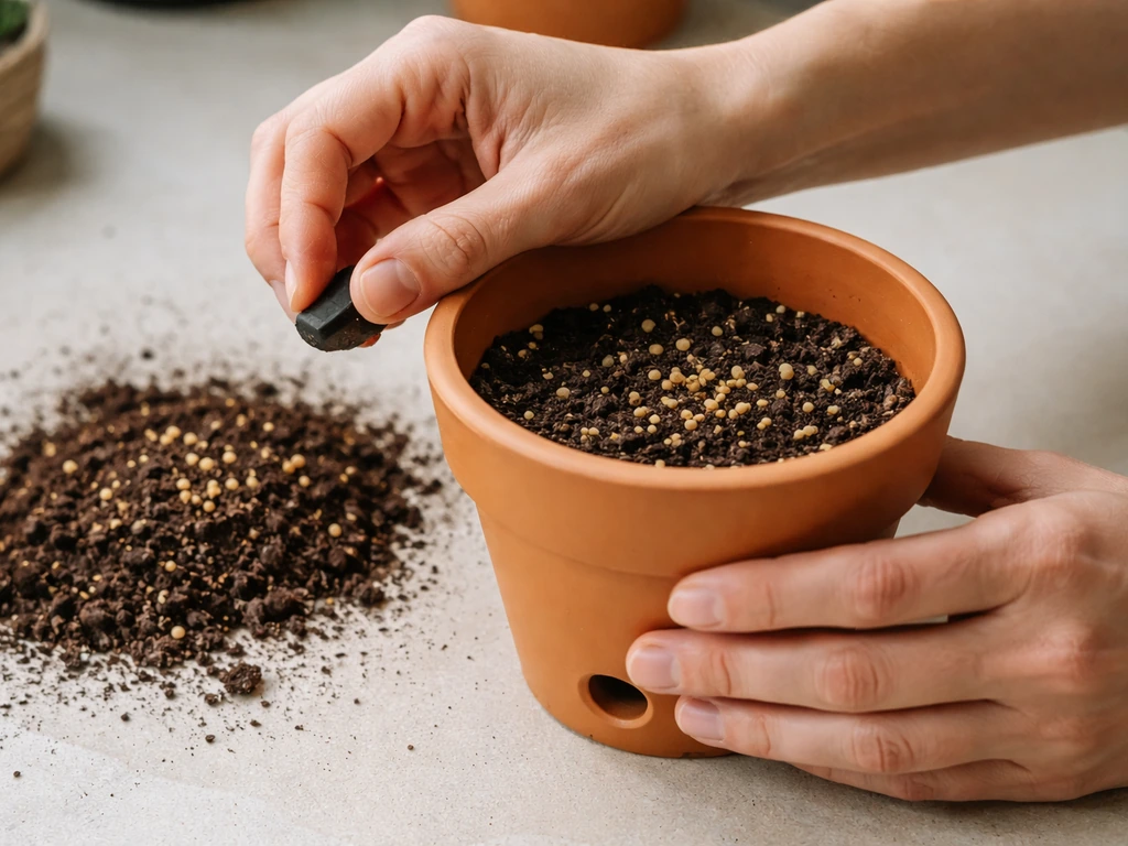 Hands removing drainage-hole plugs from a terracotta pot and sprinkling slow-release granules into the top.