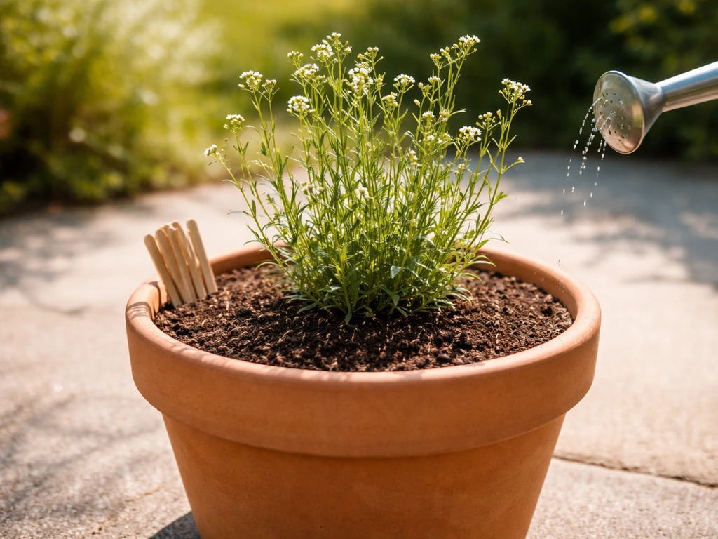 Freshly potted fluxweed in a terracotta pot in full sun, with stakes and a watering can nearby.