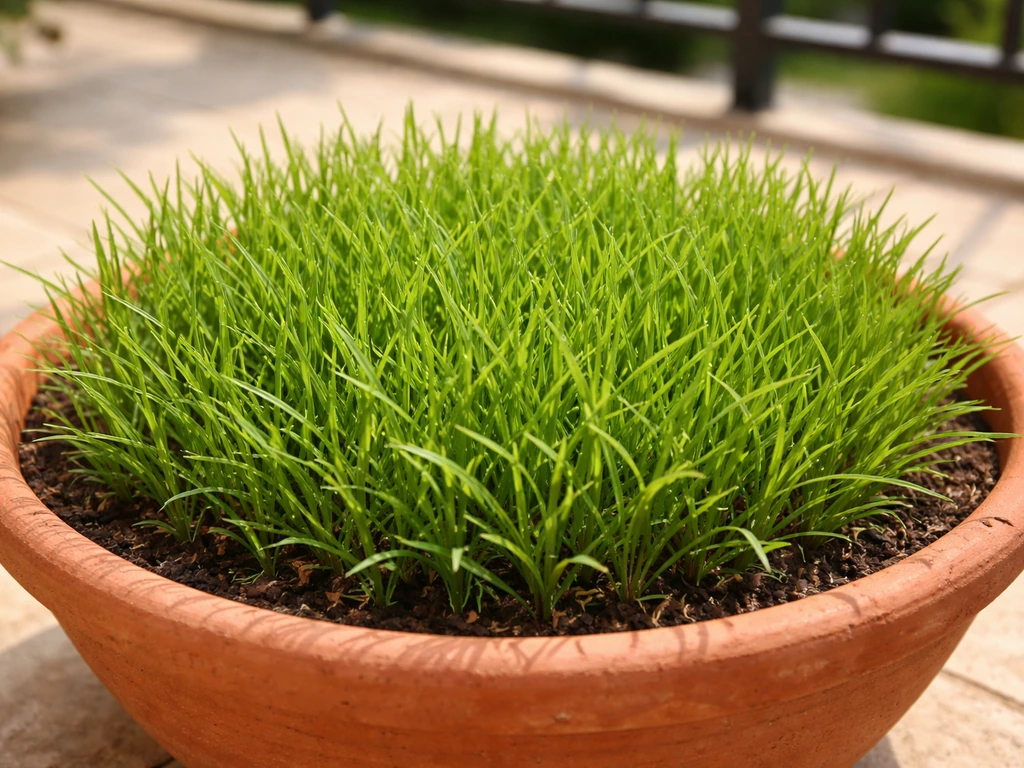 Dense green durva grass growing in a wide shallow pot on a sunny balcony patio