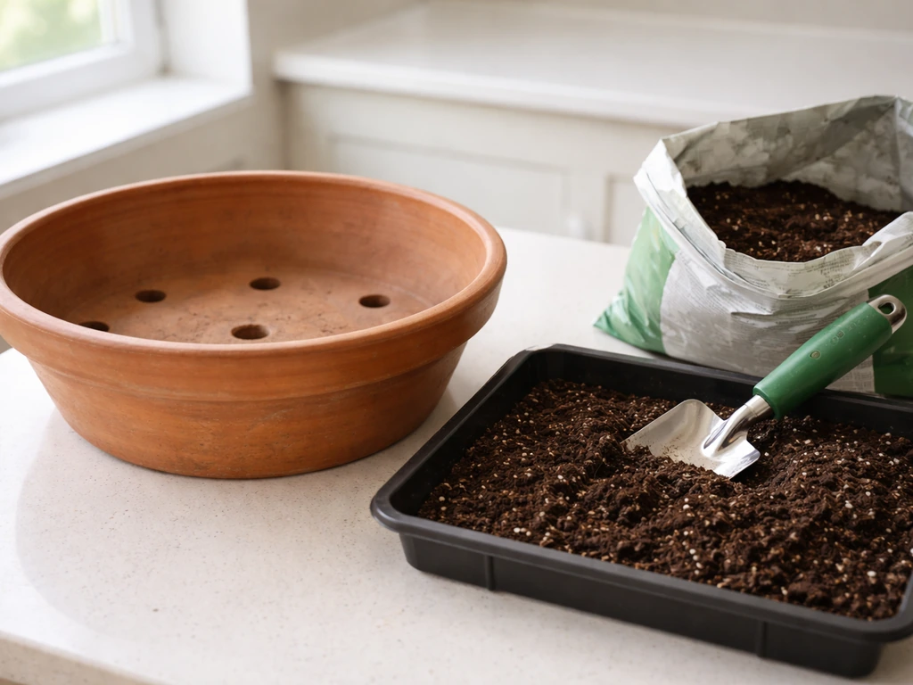 Wide shallow pot with drainage holes and fresh potting mix prepared for planting durva grass.