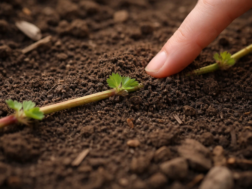 A stolon node is gently pressed into moist soil to be lightly covered for rooting.