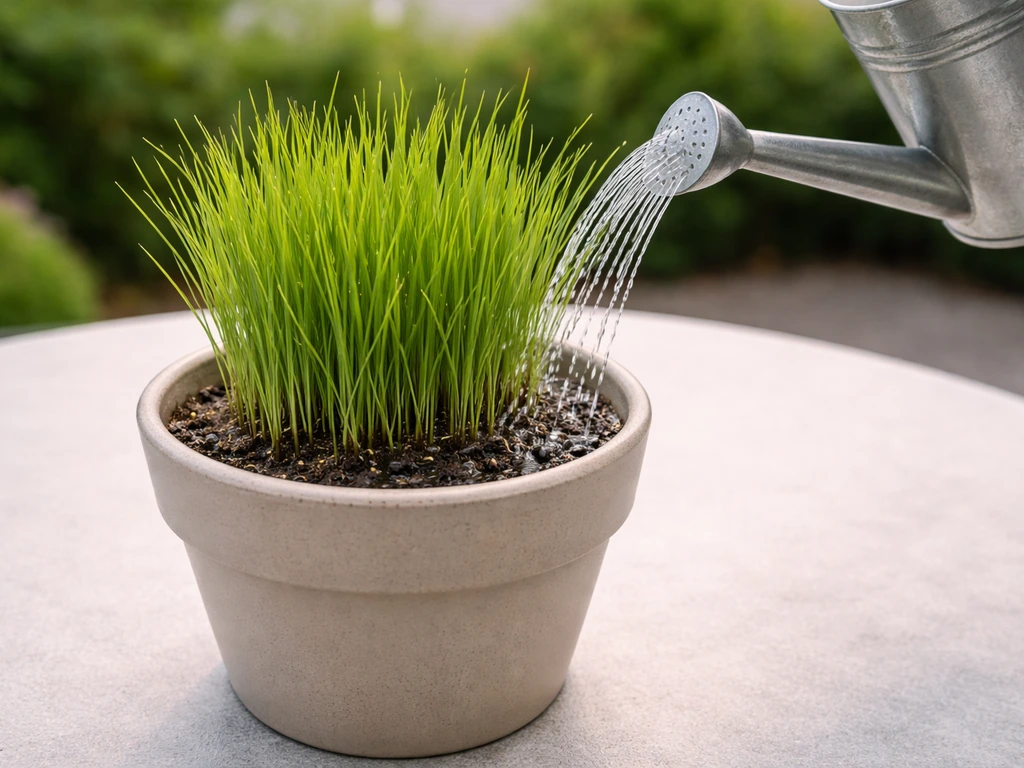 Watering a potted grass plant with a watering can, showing a moist top inch of damp soil and droplets.