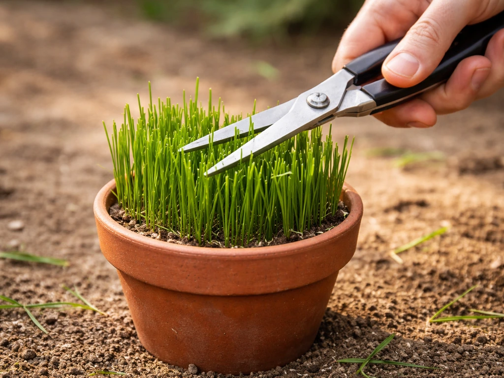 Garden scissors trimming durva grass in a small pot, showing clean cut at about 7–10 cm height.