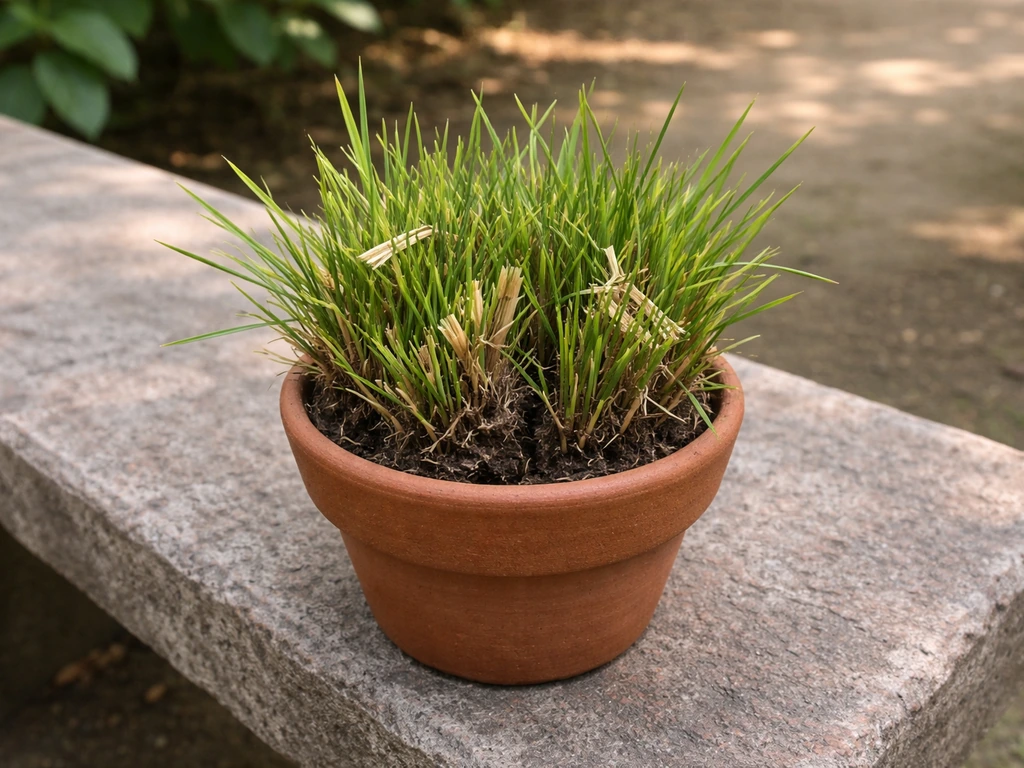 Freshly cut durva grass clumps in a small pot with new green shoots emerging nearby.