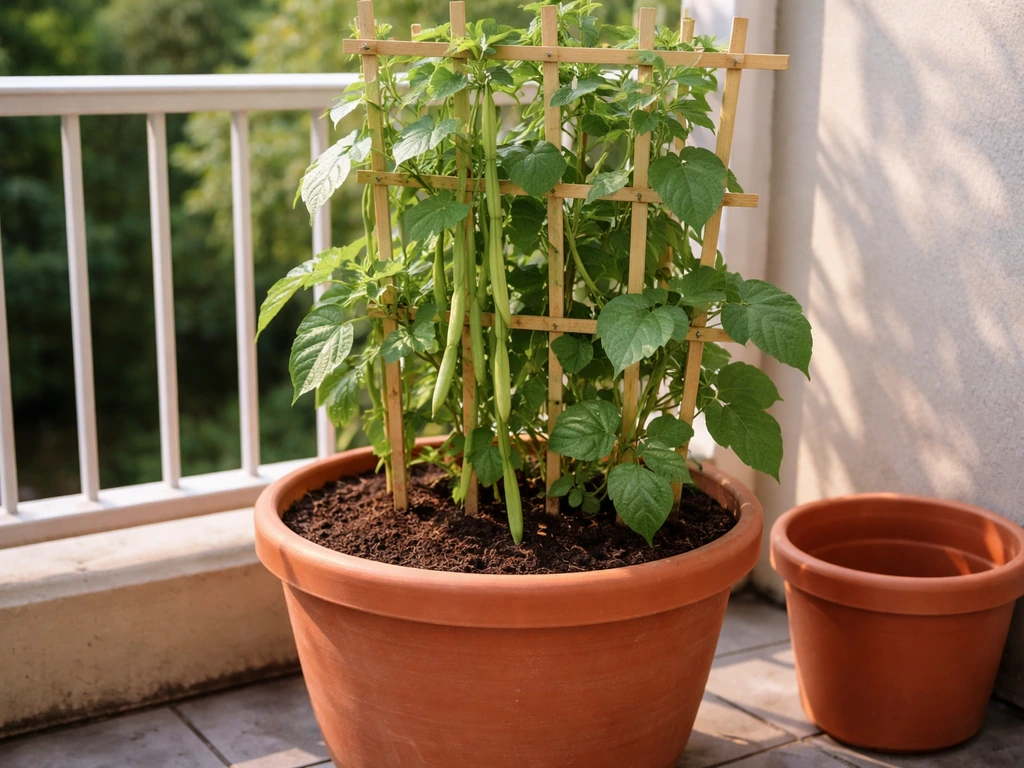 Fresh green sitaw vines climbing a trellis in a terracotta pot, with pods visible.