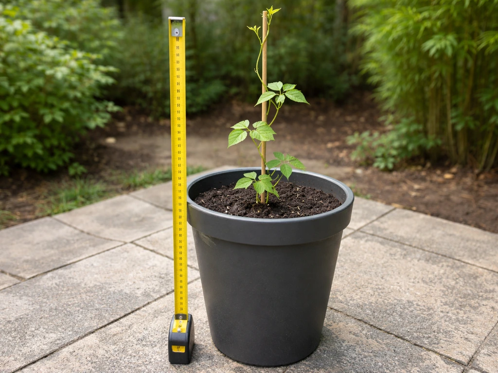 Tall pot with soil and a young climbing sitaw vine beside a tape measure showing height.