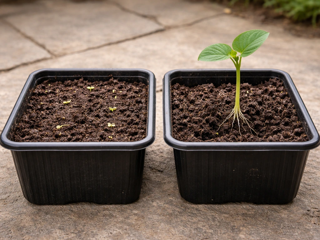 Close-up of sitaw seeds sown in a pot beside a delicate sitaw seedling with exposed roots in soil