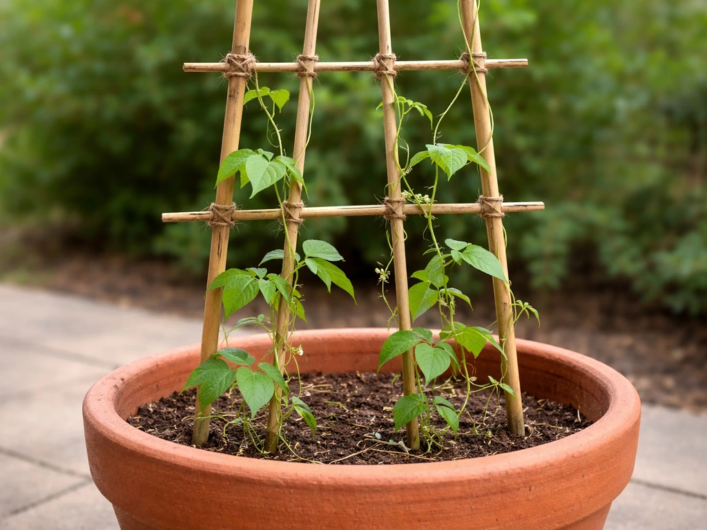Terracotta pot with sitaw vines tied to a vertical bamboo trellis, evenly spaced for climbing growth.