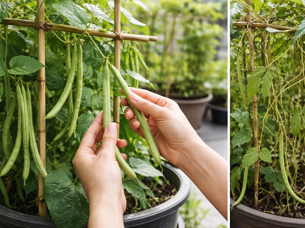 Hands picking fresh sitaw pods from trellised vines, with a nearby lush vs sparse pod section.