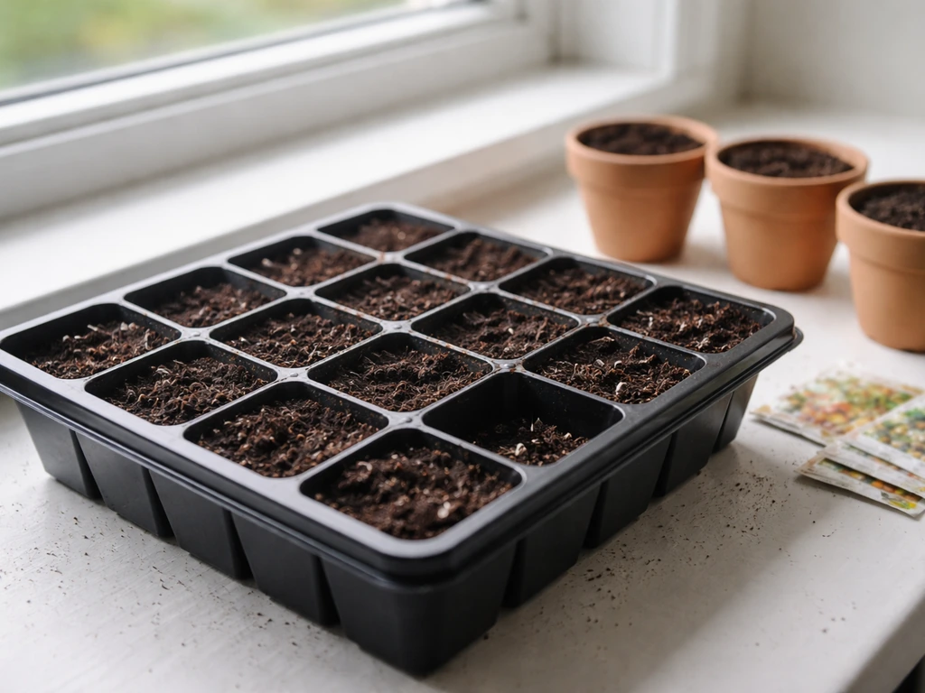 Close-up of divided seed-starting cell trays and small pots on a sunny windowsill, ready for sowing seeds.