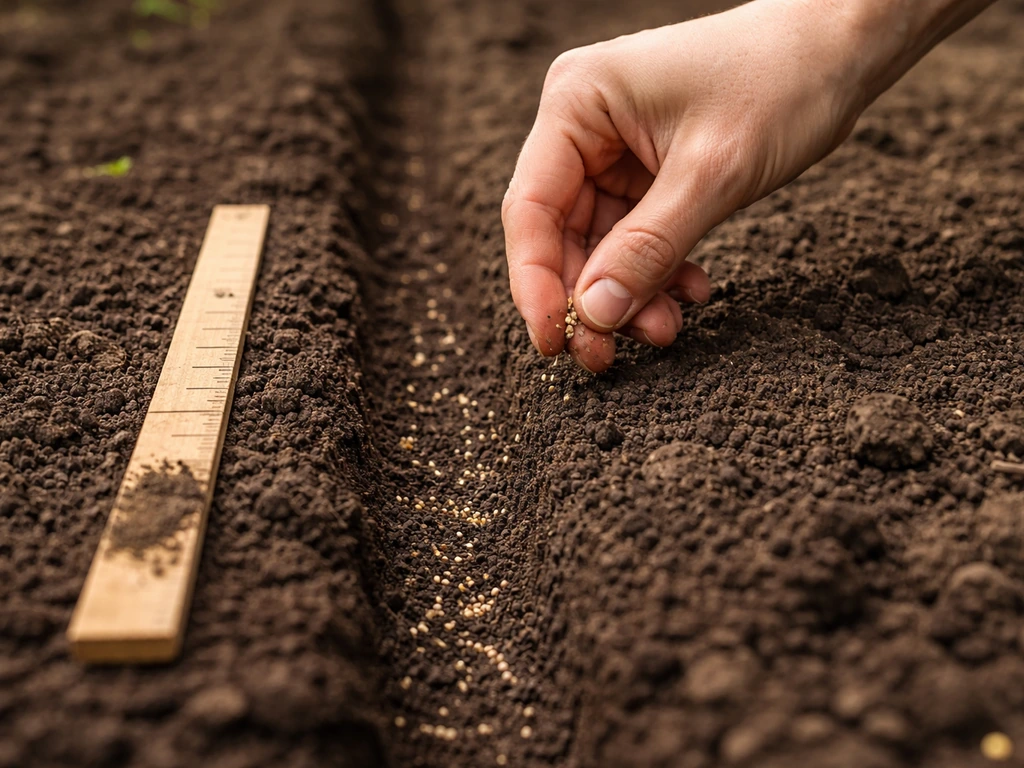 Gardening hands sprinkling marigold seeds into shallow soil with a small ruler showing depth.