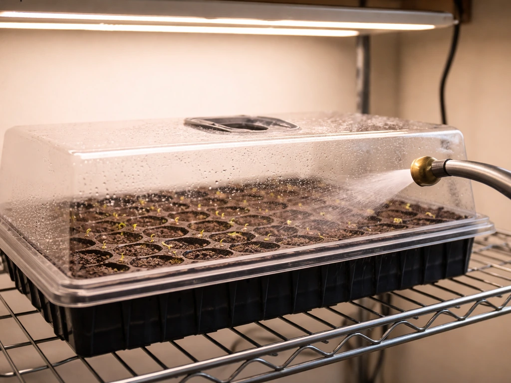 Mini greenhouse with covered seed trays under light, condensation inside dome, gentle watering, tiny sprouts emerging.