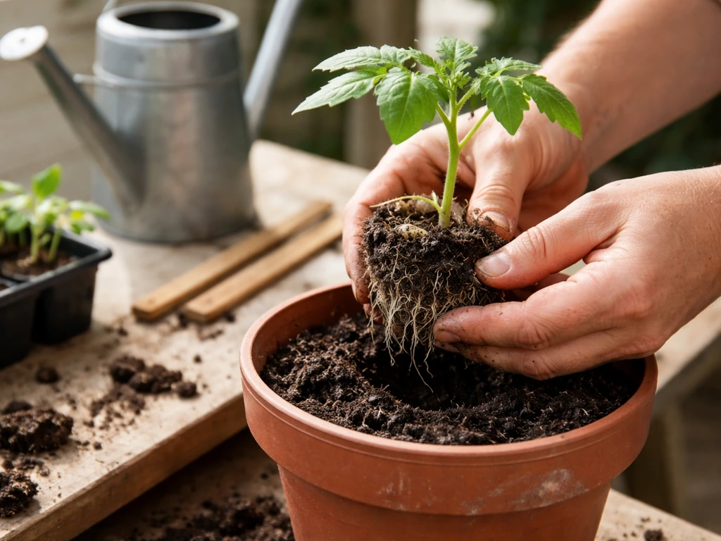 Hands transplanting a leafy seedling into a larger pot beside a watering can and plain stakes.